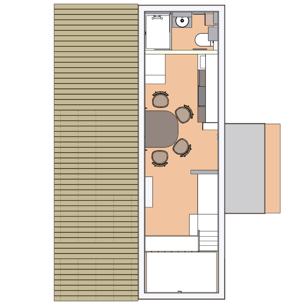 Grundriss eines rethink Single Tiny House mit Terrasse