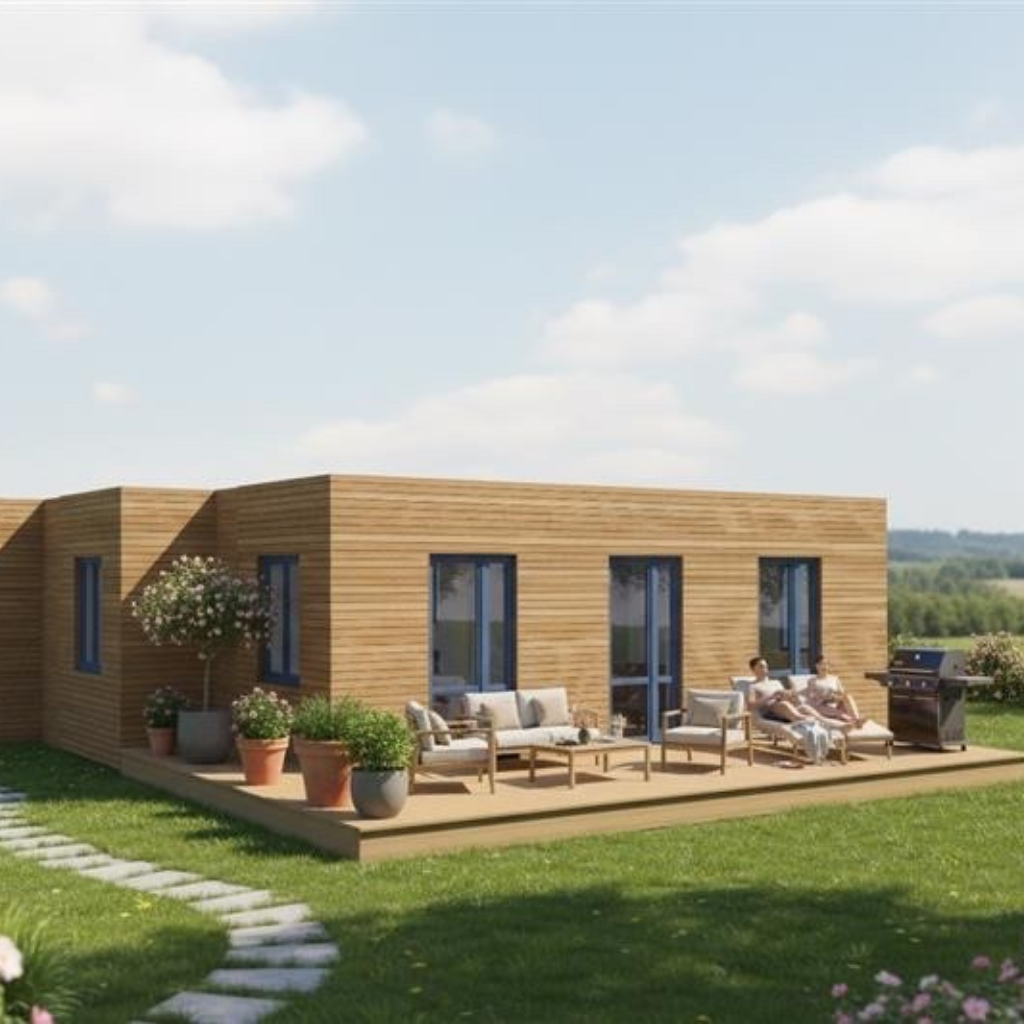 Visualisierung eines rethink Modulhauses mit großer Holzterrasse im Garten
