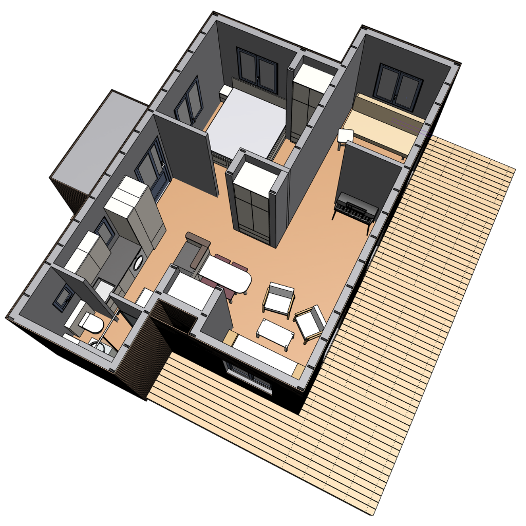 3D-Schnitt durch ein modulares rethink Haus mit Terrasse
